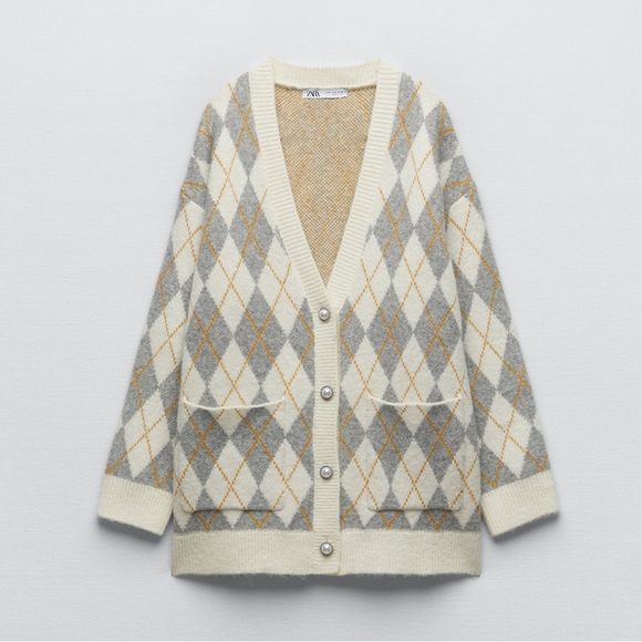 Zara ARGYLE KNIT CARDIGAN